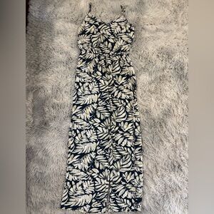 Navy and Cream Leaf-Print Jumpsuit
